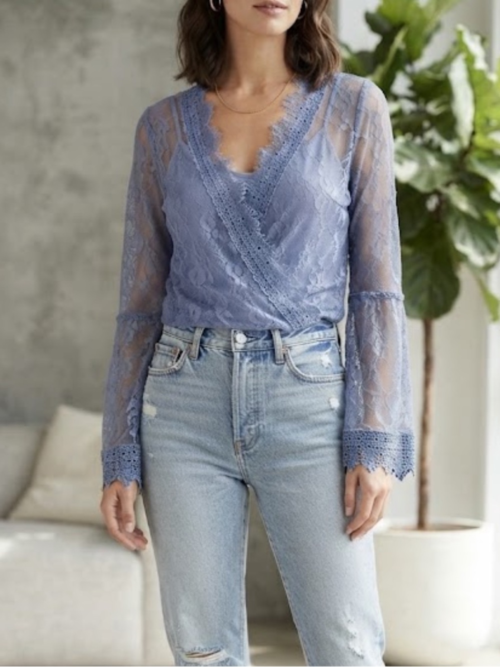 *NEW* POLLY & ESTHER Sheer Lace Top Belle Sleeves Periwinkle Small NWT